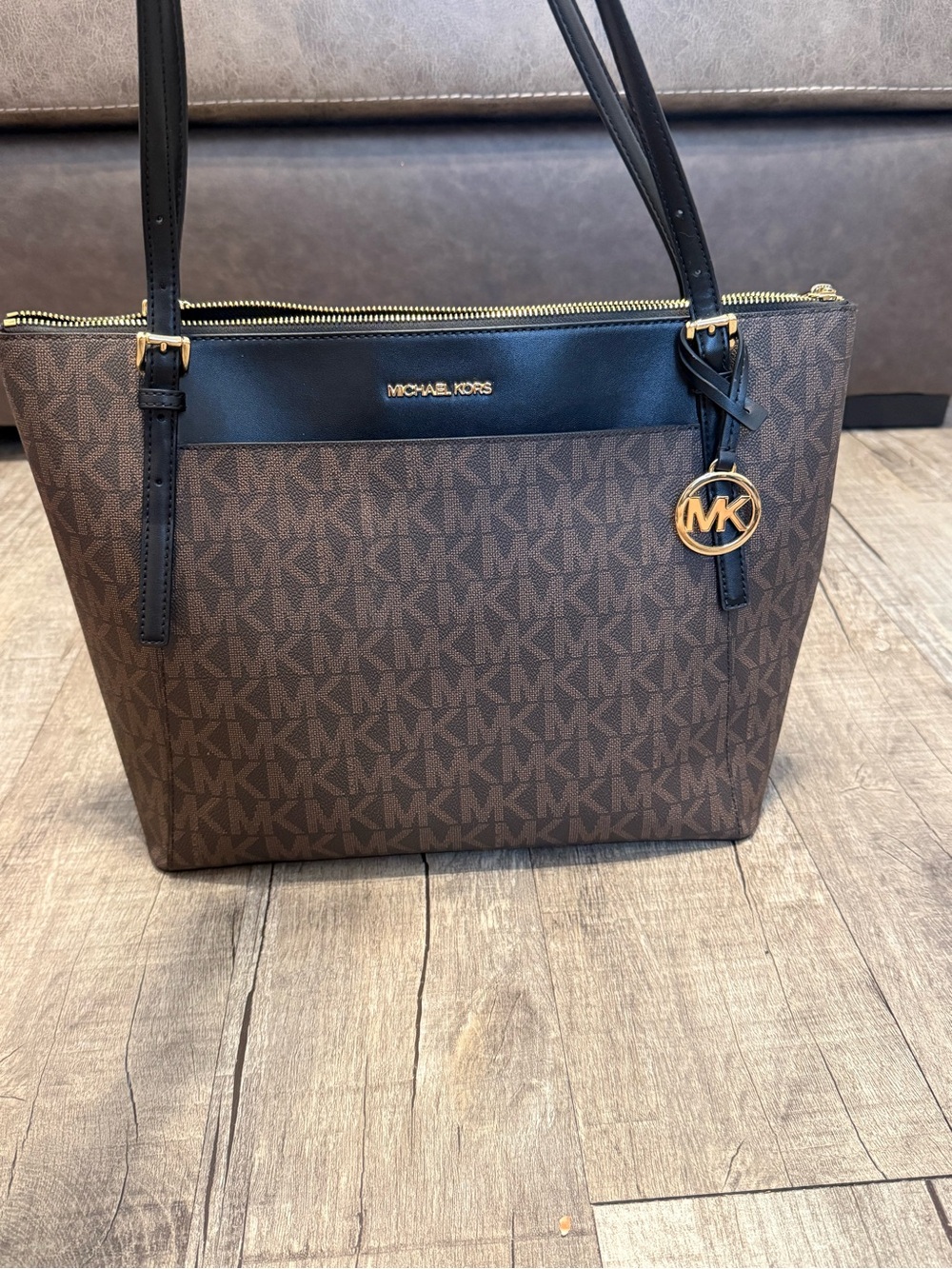 Michael Kors Brown Monogram Tote with Black Trim and Gold Accent